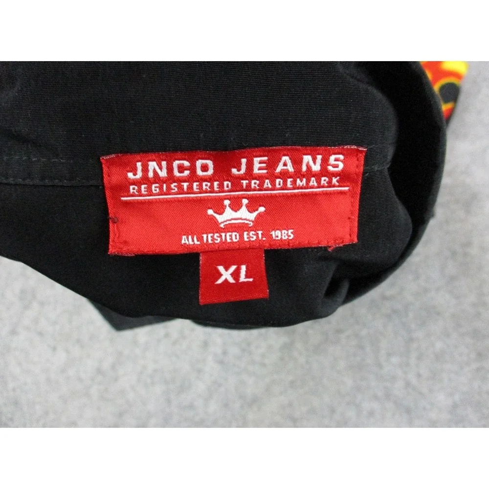 JNCO Shirt Mens Extra Large Black Red Flame Crown Graphic Button Up Skater Y2K